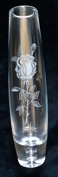 Tall slim bud vase engraved with rose 